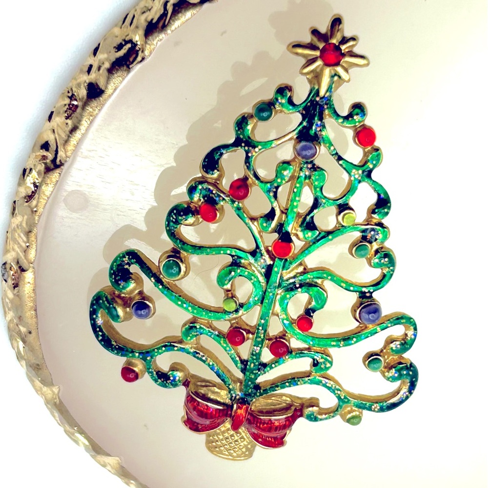 Signed Christopher Radko Gold Tone Christmas Tree Holiday Brooch Pin